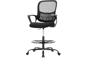 Sweetcrispy Tall Drafting Desk Chair - Ergonomic High Stool Computer with Adjustable Height and Comfy Lumbar Support, Office Rolling Counter with Flixed Arms and Footrest, Dark Black