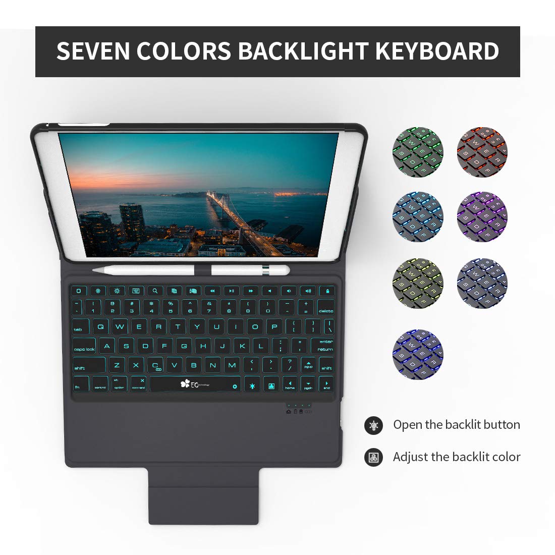 iPad Keyboard Case 9.7 for iPad 2018 (6th Gen) - iPad 2017 (5th Gen) - iPad Pro 9.7 - iPad Air 2 & 1 - Bluetooth Wireless BT 7 Color RGB Backlit & Thin & Light iPad Case with Keyboard, Pencil Holder