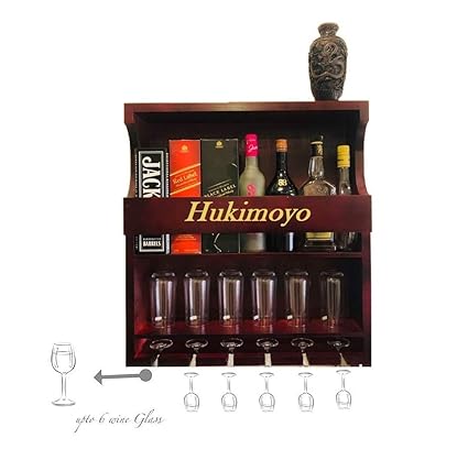 Hukimoyo Wine Rack Wooden, Wall Mounted Wine Bottle Rack and Shelves, Antique Style Wine Rack Bottle & Glass Holder for Wall Wooden - Personal Bar Accessories (Wood Texture Red Cherry)