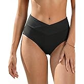 Women V Cut Full Coverage Bikini Bottom - High Waist Swim Bathing Suit Bottoms Cross V Front Swimsuit
