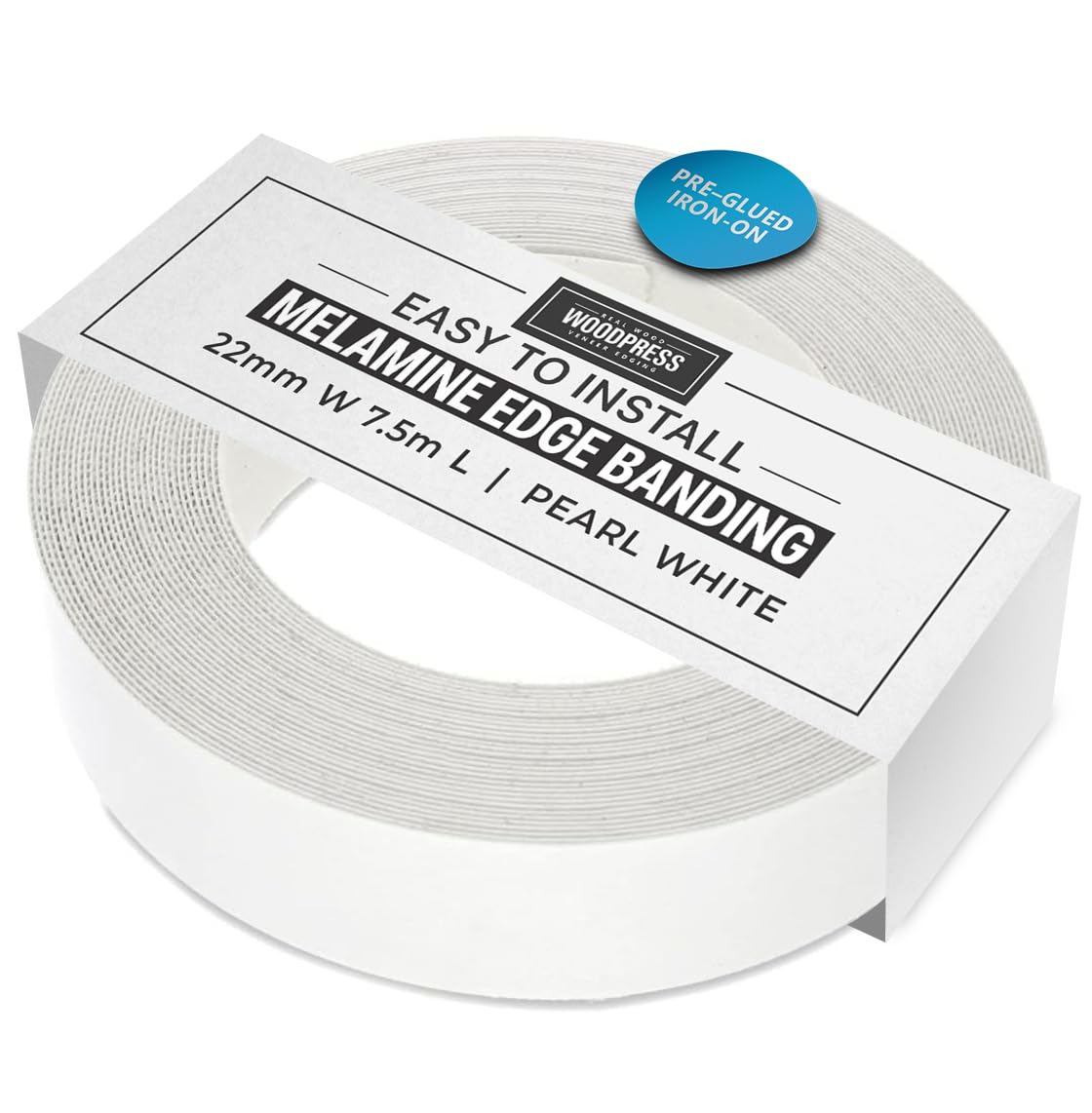 WoodPress® 22mm Pearlised White Melamine Edging, Pre-Glued Veneer Tape – 7.5m Roll - Iron-On for Easy DIY Application – Will Cover the Edge of a Standard MDF Panel