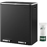 SONGMICS Trash Can, 2 x 8 Gallon (2 x 30 L) Garbage Can for Kitchen, with 15 Trash Bags, 2 Compartments, Plastic Inner Buckets and Hinged Lids, Airtight, Black ULTB60BK