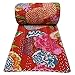 Handicrunch Red Kantha Stitch Decorative Gudri Floral Print Twin Size Quilt Bed Spread 90 X 68