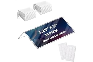 LIANHELILAI 20 Pack Acrylic Rigid Shelf Label Holders for School Office Library Book Shelves Tags Shelf Labels with Sticky Dots, Transparent Tabletop Price Sign Stand for Store Bakeries (1.25x3 in)