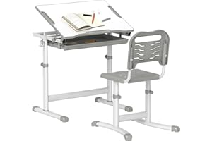 Qaba Kids Desk and Chair Set, Height Adjustable Study Table and Chair Set with Drawer, Pen Slot, Tiltable Desktop, Hook, Grey
