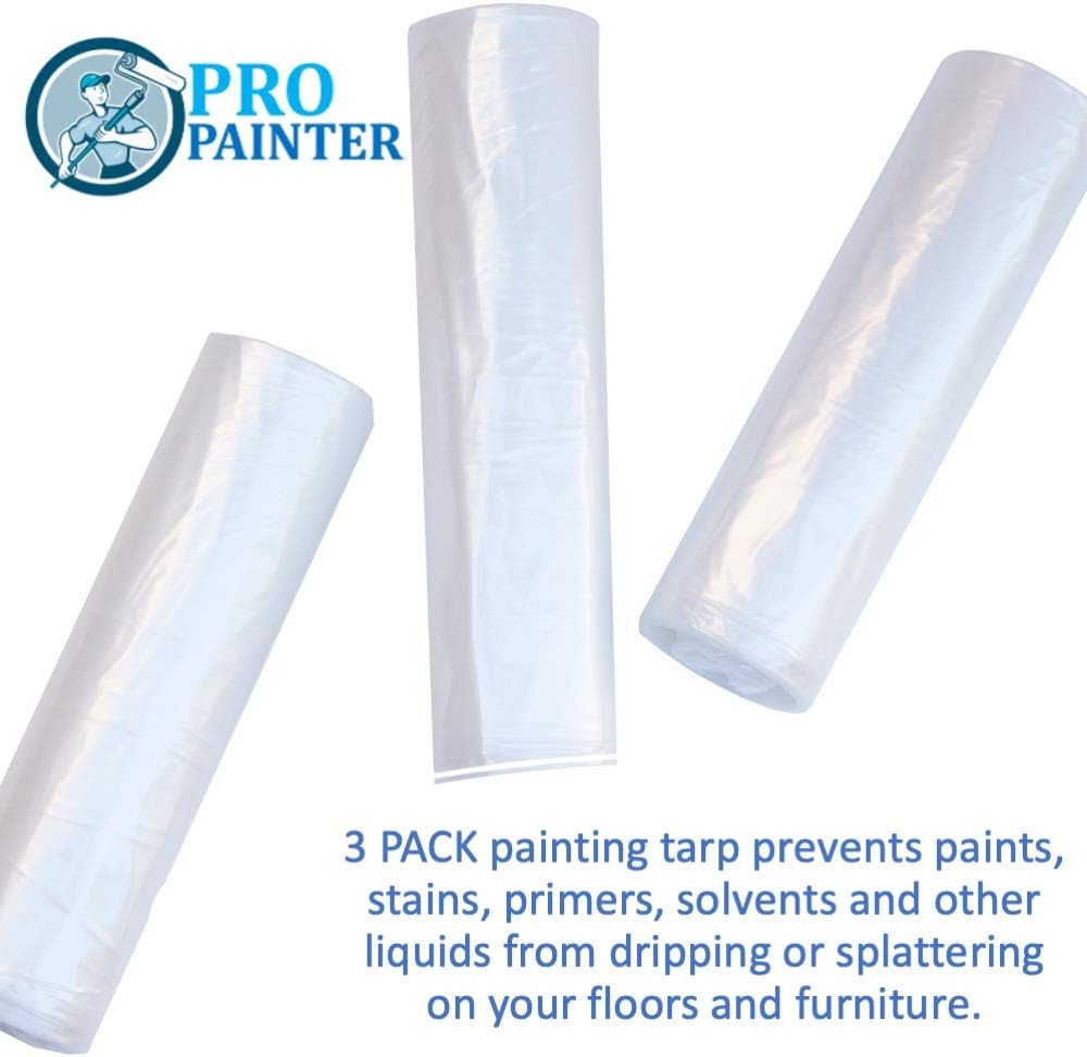 Drop Cloth (3 Pack), Pro Painter 9 Feet x 12 Feet Clear Plastic Drop Cloth 1mm Thickness, Waterproof, Lightweight Plastic Tarp, Painting Tarp, Plastic Cover Sheet for Furniture Floors Patio Workshop - - 