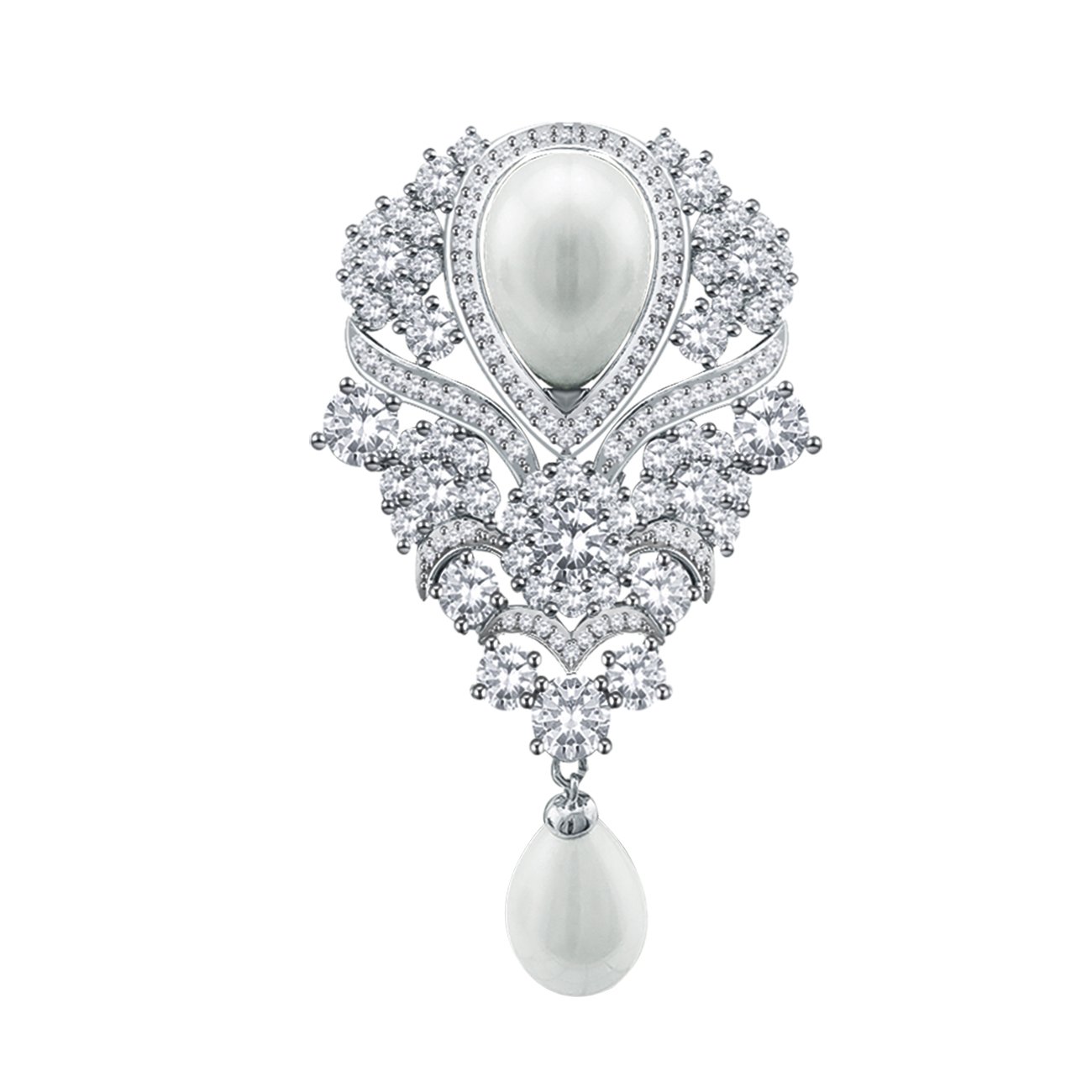 QUKE Silver-Tone Cubic Zirconia Crystal Simulated Pearl Dangle Bridal Wedding Brooch Pin Fashion Jewellery
