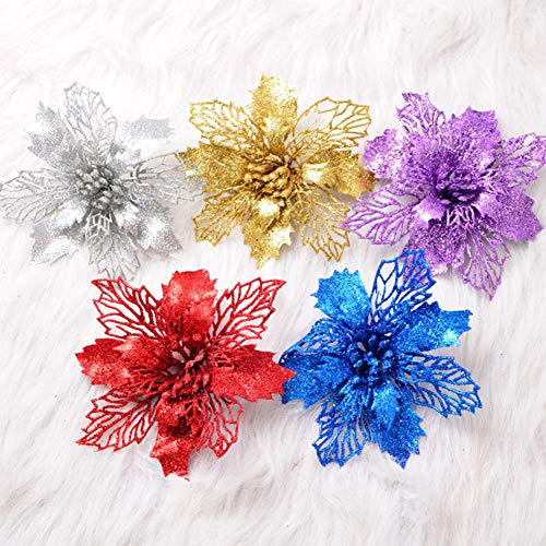 MeiBoAll Hollow Glitter Christmas Flowers, 6pcs Xmas Tree Flower Decorations, Christmas Wreath Making Supplies DIY Craft Artificial Flowers Poinsettia, Red - Thumbnail 4