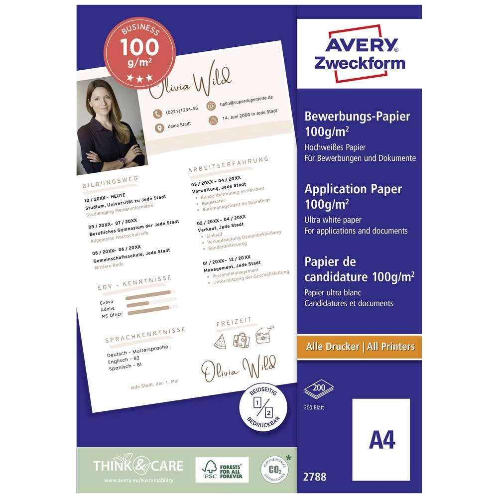 AVERY Zweckform 2788 Inkjet Application Paper (200 Sheets, 100 g/m², DIN A4 Paper, Coated on Both Sides, Satinised for Applications, Presentations & Sales Documents, for Inkjet Printers)