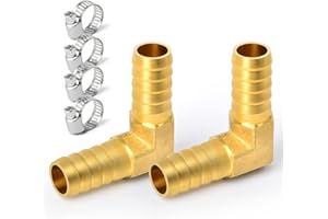 GASHER 2 Pieces Brass Hose Barb Reducer, 3/4 Inch to 3/4 Inch Hose ID 90 Degree L Right Angle Elbow with 4 Hose Clamps, Brass Barb Reducer SPLICER Fitting Fuel/AIR/Water/Oil/Gas/WOG