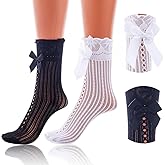 Miaband Cute Bow Ankle Socks Lace Ruffle Socks Black White Lolita Sock for Women 2 Pairs