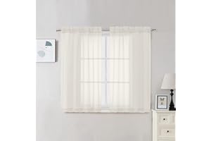 OVZME 2 Panels Cream Sheer Curtains 54 Inches Length Window Treatment for Kitchen, Elegant Airy Transparent Curtain Dual Rod 