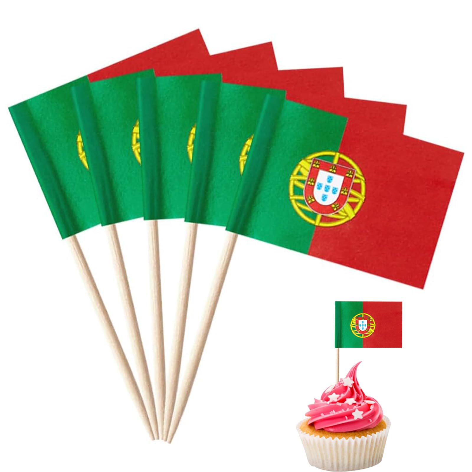 100Pcs Mini Portugal Flag Toothpicks Cupcake Toppers,Portugal Flags Cocktail Sticks Wooden Cake Toppers Sandwich Decorations for Eurovision Party,Euros Football Game,Olympics 2024 Decorations