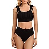 winkbay Women's Tie Shoulder High Waisted Bikini Sets 2 Piece Retro Ribbed Swimsuit Swimwear
