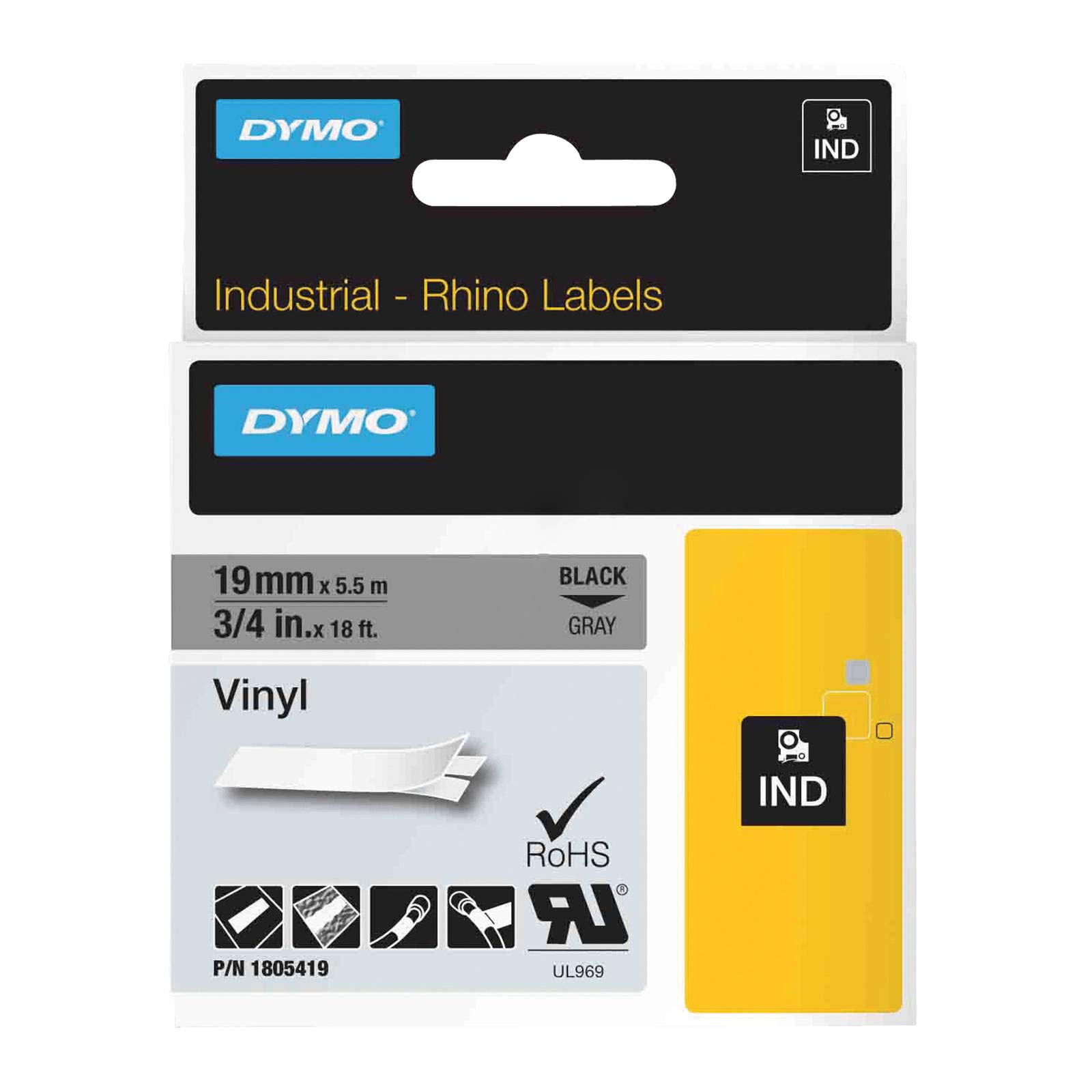 Dymo Rhino Industrial Labels Vinyl 19 mm x 5.5m - Black on Gray