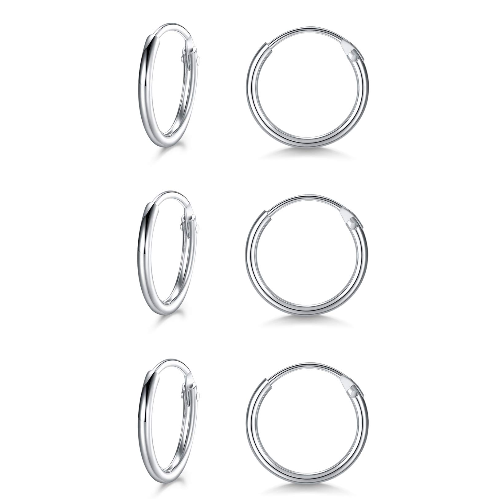 LYTOPTOP 3 Pairs Silver Hoops Earrings for Women S925 Sterling Silver Small Hypoallergenic Earrings Set Cartilage Nose Lip Rings for Men Girls, 10mm