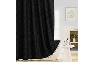Craidlela Black Boho Woven Fabric Shower Curtain with Tassel 72 x 72, Bohemia Tufted Chevron Striped Chic Textured, Modern Farmhouse Minimalist Waterproof Black Cloth Curtain for Bathroom, Hotel Decor