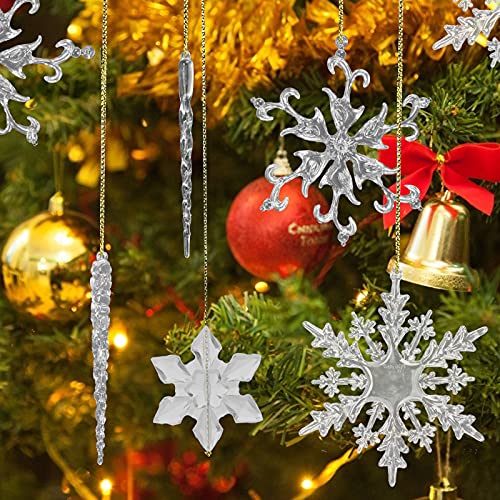VGOODALL 48pcs Christmas Snowflake Icicle Decorations, Snowflake Icicles Ornaments Set Acrylic Christmas Ornaments for Christmas Tree Outdoor Party Decoration Craft Projects