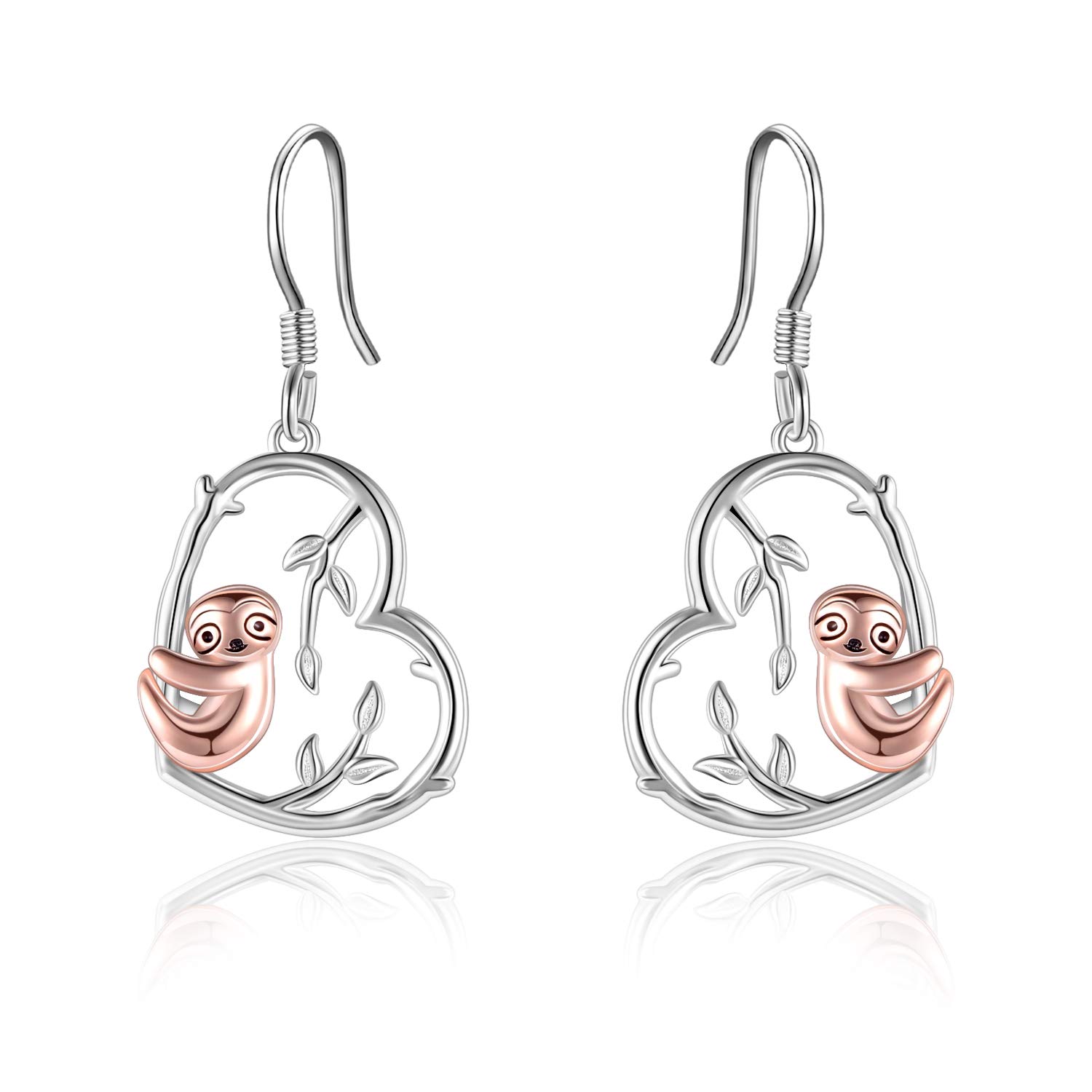 Sloth Gifts 925 Sterling Silver Sloth Earrings for Women Girls Cute Animal Heart Drop Earrings Jewellery (rose gold plated)