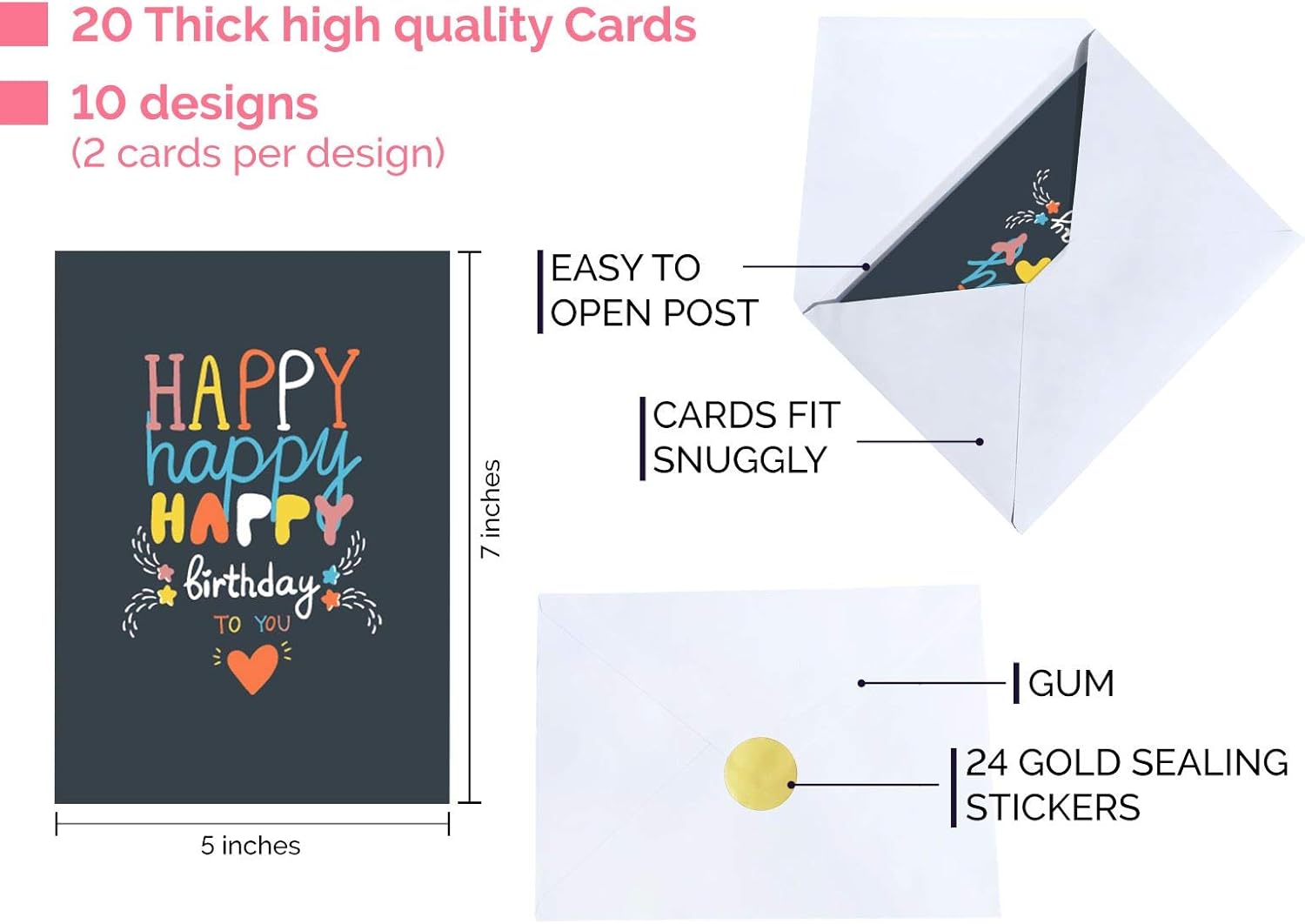 Big Boat 20 Birthday Cards Multipack Adults, Kids, Happy Birthday Cards for Him and Her with 20 Gummed Envelopes - Image 4