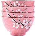 Japanese Rice Bowls Set of 4 - Japanese Style Hand-painted Pink Plum Ceramic Bowls set of 4 for Dessert Snack Cereal Soup