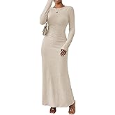 MITILLY Fall Dress for Women 2026 Long Sleeve Maxi Dress Formal Crew Neck Bodycon Ruched Cocktail Party Dresses