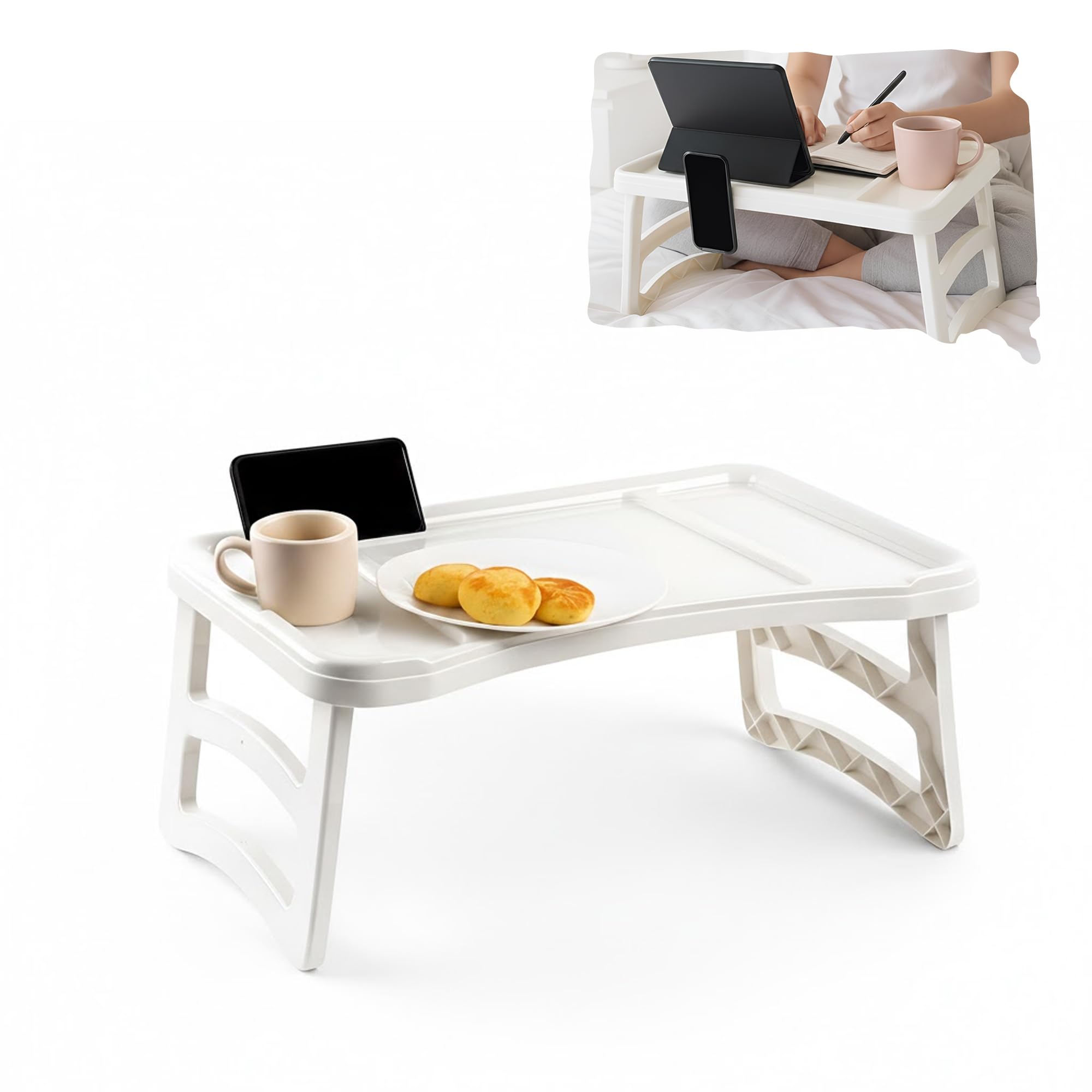 PLASTIFIC Tray with Legs Folding Table for Breakfast or Lunch in Bed Serving Bed Tray, Light Weight, Serving Tray With Folding Legs| 51 x 33 cm, One Size (White)