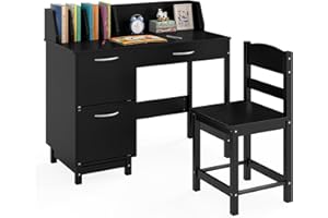 Costzon Kids Desk and Chair Set, Wooden Student Study Desk Set w/Hutch, Storage Drawer & Cabinets for 3-8 Years Old Child, Wr