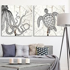 2 Panel Square Canvas Wall Art - Sea Life Wood Effect Canvas - Giclee Print Gallery Wrap Modern Home Art Ready to Hang - 12"x12" x 2 Panels