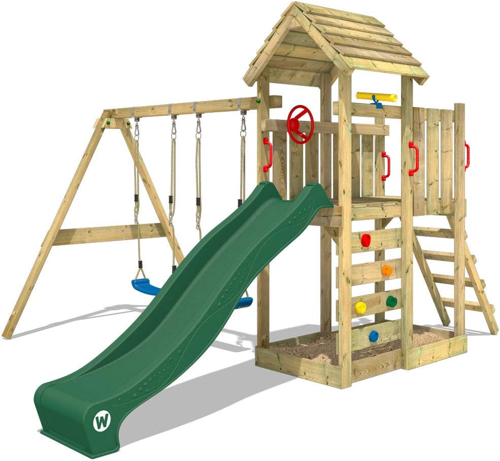 WICKEY Parque infantil de madera MultiFlyer con columpio y tobogán verde, Torre de escalada de exterior con techo, arenero y escalera para niños