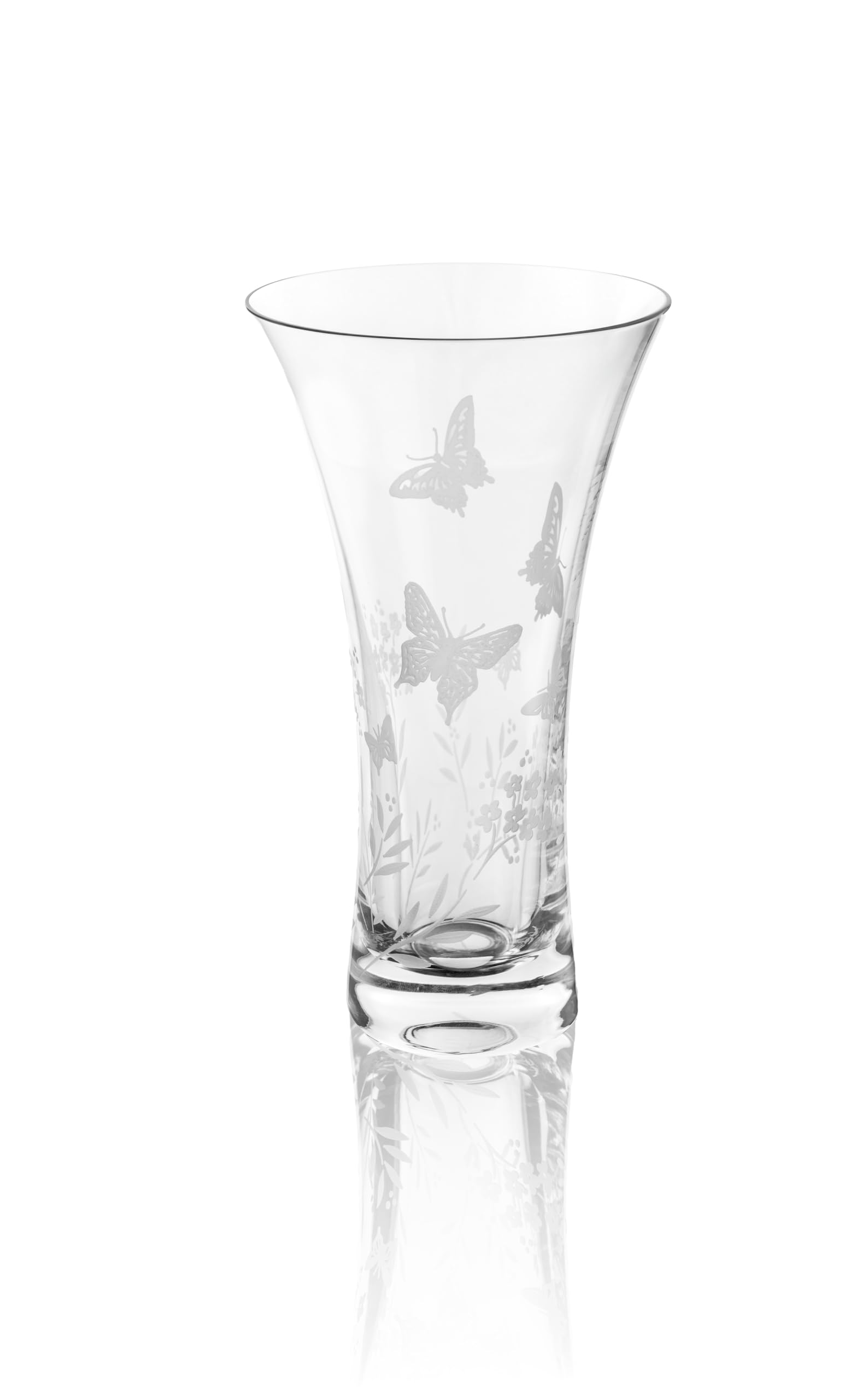 DIAMANTE 'Butterfly' Vase - Hand Etched Butterfly Wild Flowers Floral Botanical Pattern Hollow Sided Trumpet Vase - 21cm