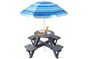 Beright Kids Picnic Table, Kids Outdoor Round Table with Height Adjustable Umbrella & Wood Bench, Perfect for Outdoor Garden Yard Dining