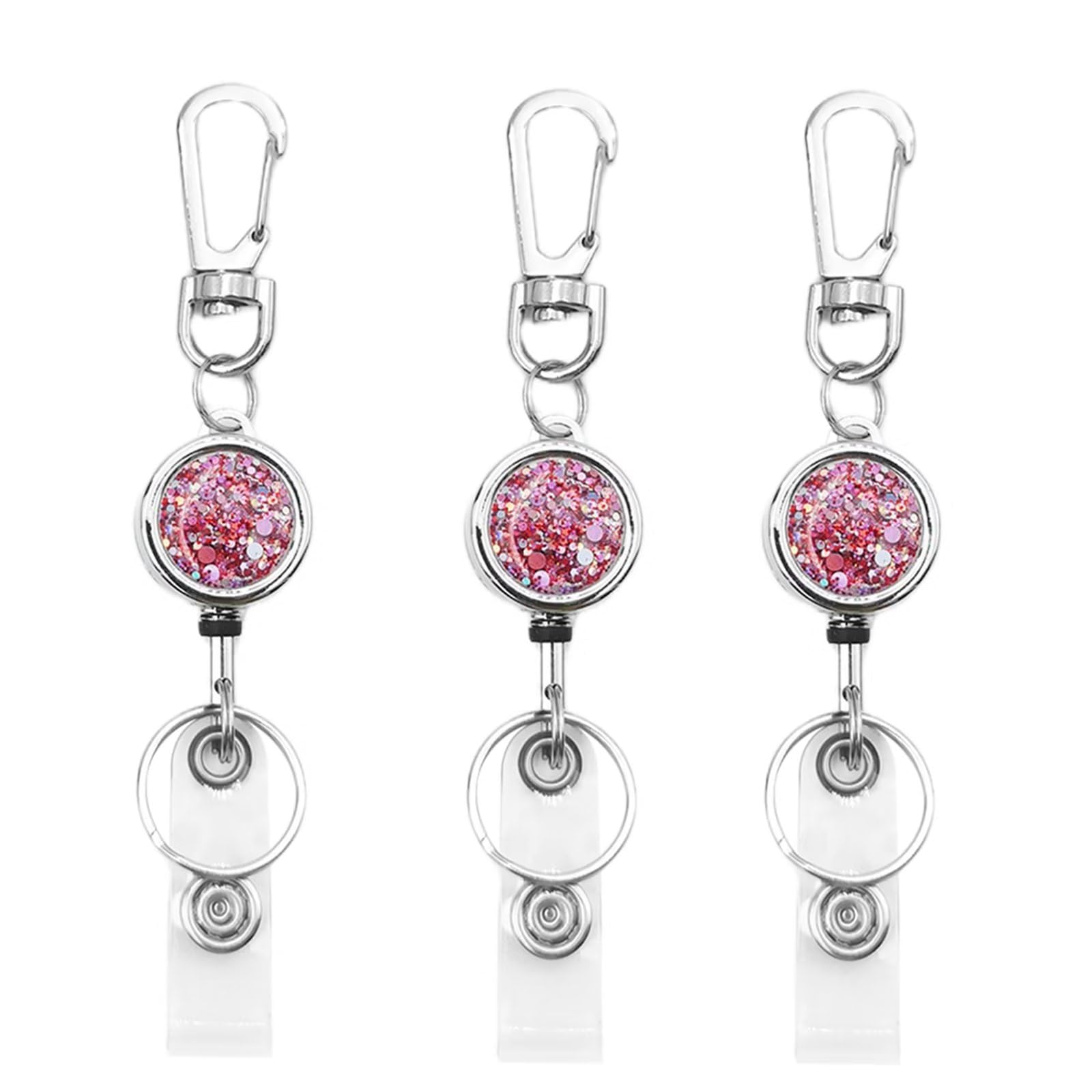 bolimoss Glittery Badge Holder Reel Retractable for Women Girls, Metal Badge Holder with Belt Clip Key Ring and Reinforced Steel Cord for ID Card Keychain (3 Pack Pink)