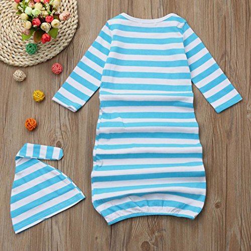 2Pcs Newborn Pajamas Gown Outfits Set Letter Stripe Long Sleeve Gown+Headband/Hat Sleeping Swaddle Wrap By Makaor (Size:Bust:50cm/19.7" Length:65cm/25.6", Blue) - Thumbnail 4