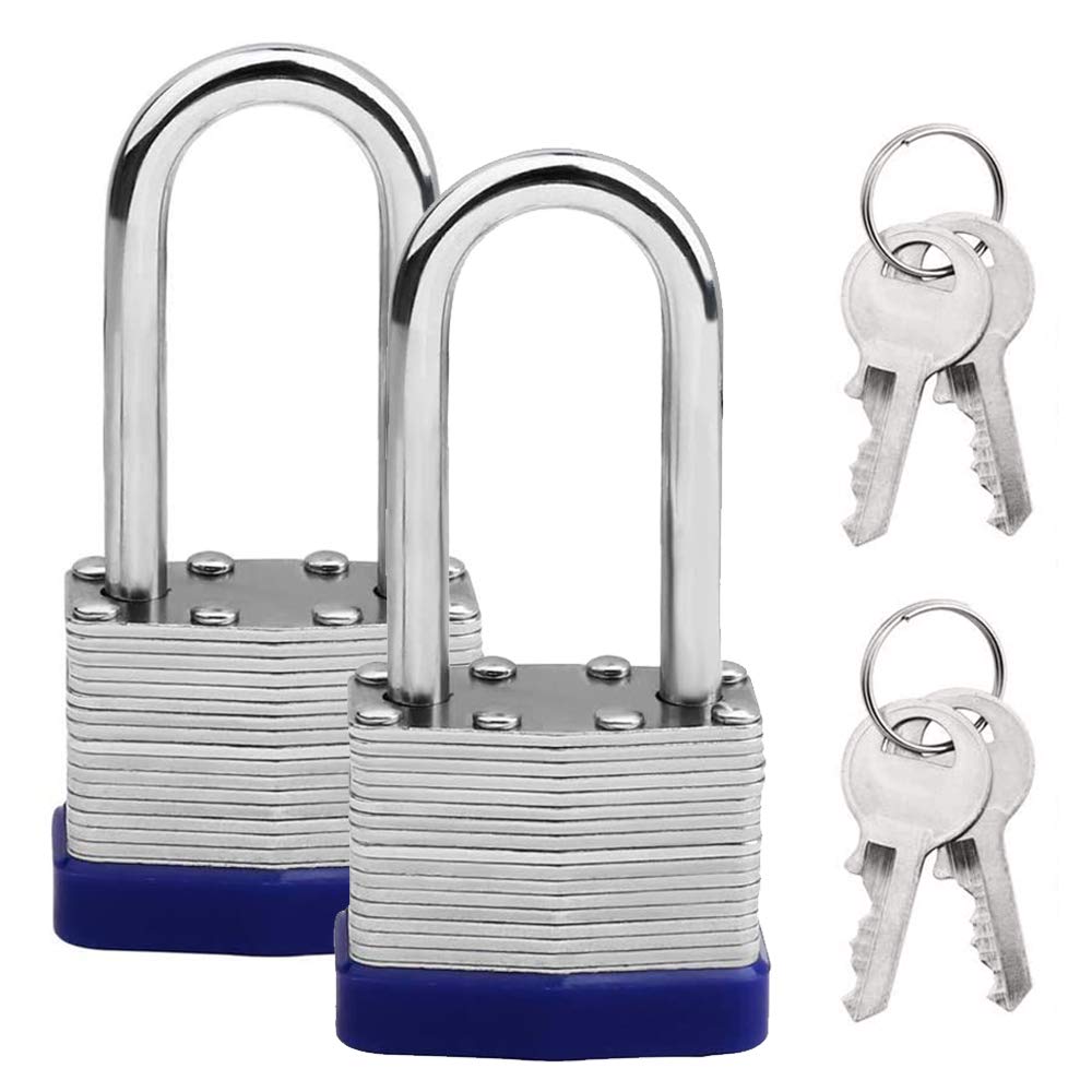 Cyleibe 2 Pack Pad Lock, Long Shackle Heavy Duty Padlock with Key, Weatherproof Laminated Padlock for Outdoor Use, Shed, Garage, Fence