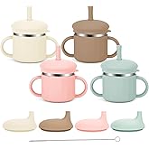 Upgrade Stainless Steel Baby Sippy Cups, 7.4 Oz Spill Proof Toddler Straw Cups, 3 Stages Training Cup for Toddlers 1-3 Year, Kid Cups with Silicone Sheel and Straws, 4 Colors (Pink+Green+Beige+Brown)