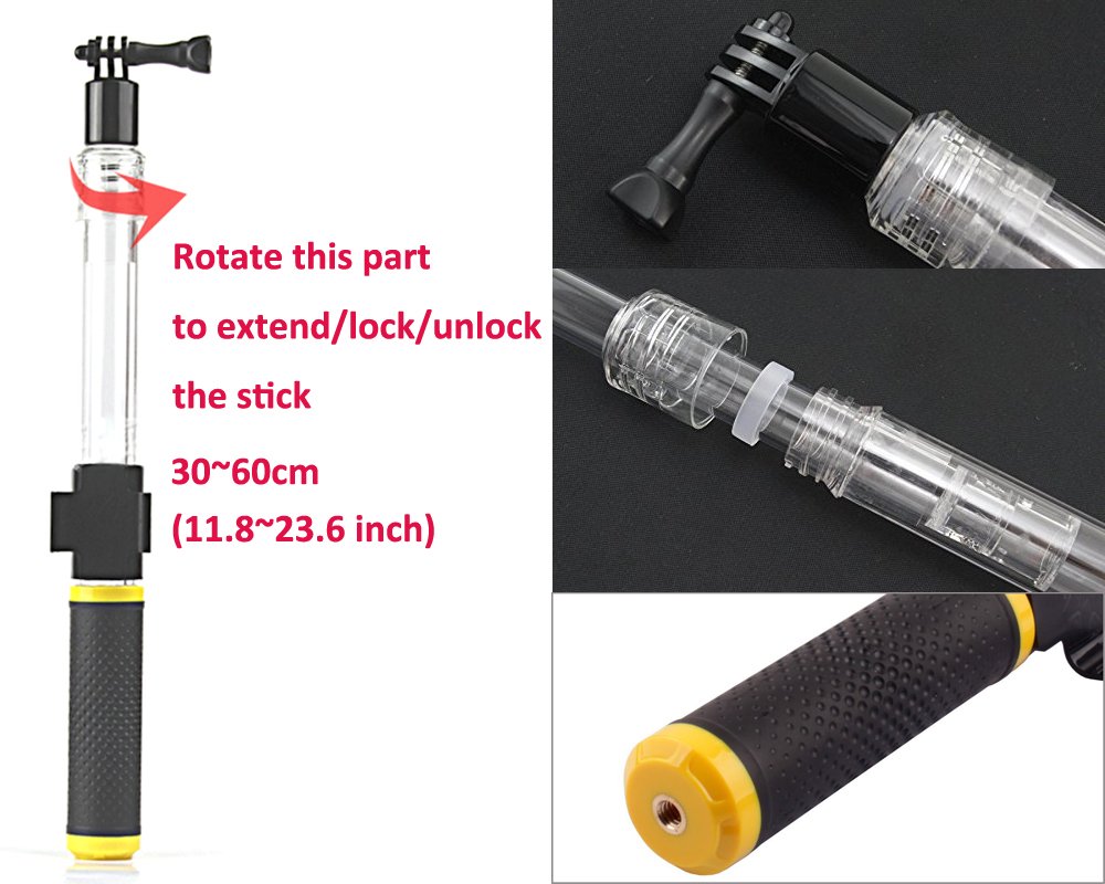MyArmor Waterproof Extending Telescopic Monopod Selfie Stick Pole and Floating Hand Grip (60cm/23.6 in)with Tripod Mount and Remote Cradle for GoPro Hero 2 3 3+ 4 5, GoPro Hero 4 Session