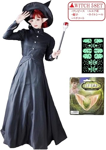 Amazon ハロウィン Amieamie コスプレ 魔女 ５点 セット 巫女 黒 ワンピース 仮装 公演 女性 レディース 服 衣装 大人 長袖 パーティー コスチューム 舞台 コスプレ 仮装 通販