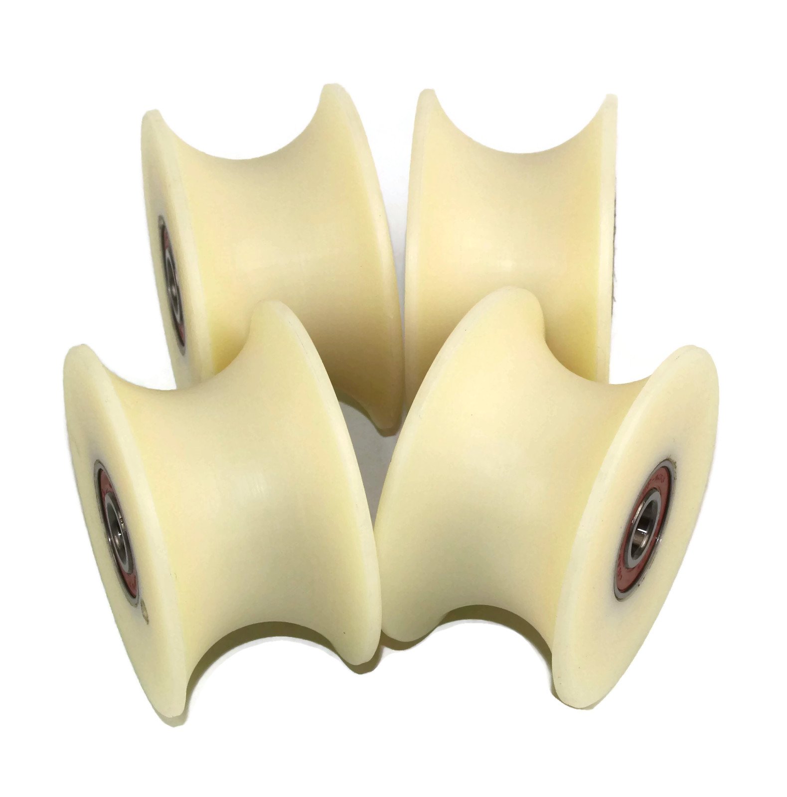 (80-43-12) Pack of 4 x 80 mm Diameter Machined Nylon Pulley Wheels Various Groove Sizes Made in the EU (43 mm Groove-12 mm Bearing)