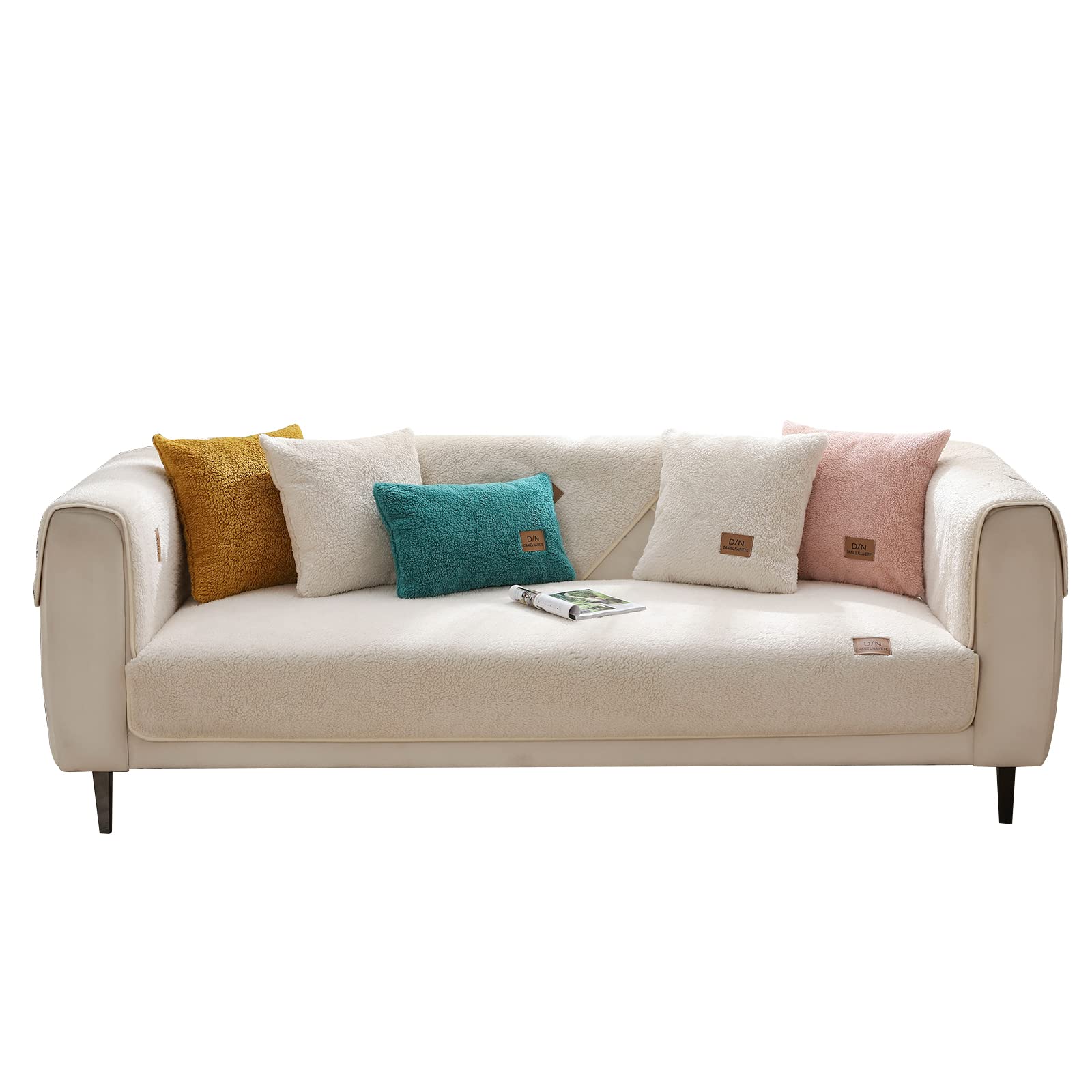 VanderHOME Sofa Cover 1 2 3 4 Seater, Lambswool Couch Cover,Universal Non-Slip Corner Sofa Cover L Shape Super Soft Autumn Winter Sofa Slipcovers for Living Room 45 * 45cm-Beige-Pillowcase(2 PCS)