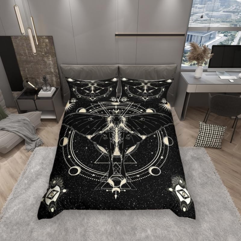 Death Psychedelic Moth Duvet Cover Set Single Size,Stars and Moon Phase Space Comforter Cover for Kids Boys Bedroom Gift,Abstract Exotic Aesthetic Bedding Set with 1 Pillowcase Bedspread
