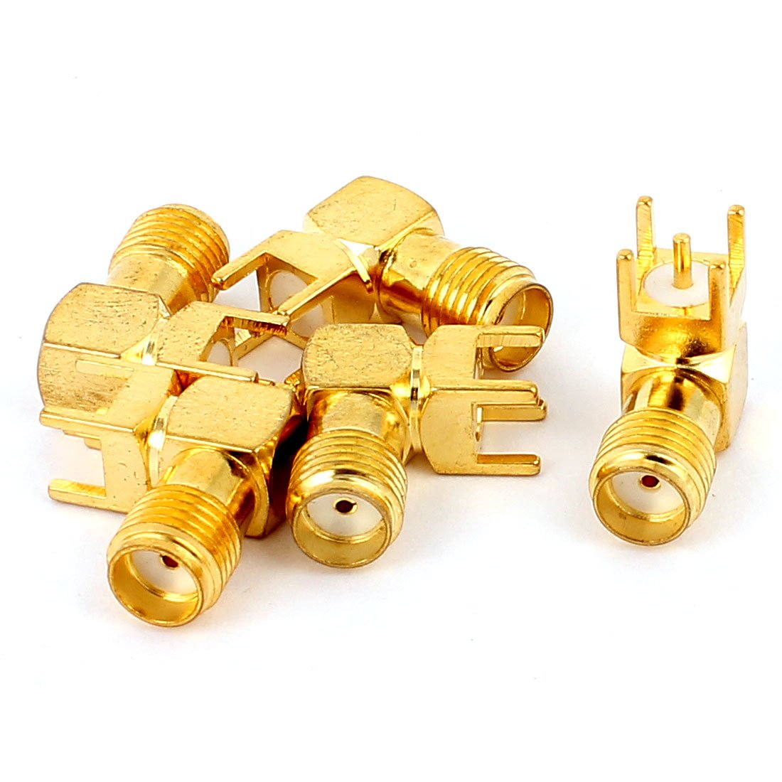 sourcing map 5pcs Gold Tone SMA Female to Male 90 Degree Solder PCB Mount RF Connector