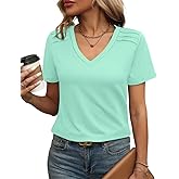 FUNBANG Womens Tops V Neck T Shirt Shoulder Pleated Blouse Business Clothes Fashion Outfits Spring Summer Essentials 2026