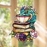 Book Dragon Handmade Artisan Resin Sun Catcher, Stained Glass Effect Ornament Window Hanging Suncatchers, Bookish Gifts for Readers, Valentines Day Gift for Women Mom Wife