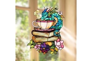 GIKZO Book Dragon Christmas Ornament Handmade Artisan Resin Sun Catcher Stained Glass Effect Window Hanging Suncatchers Garden Decor Bookish Gifts for Librarian Readers Book Lovers