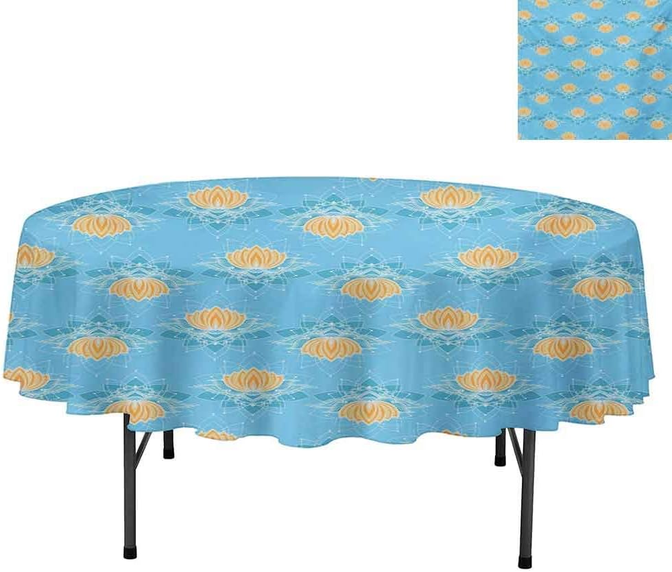 Water Resistant Spill Proof Washable Polyester Table Cloth, Japanese Zen Themed Blooming Floral Design with Geometri, Decorative Fabric Table Cover for Dining Table, Round 36", Marigold Blue White