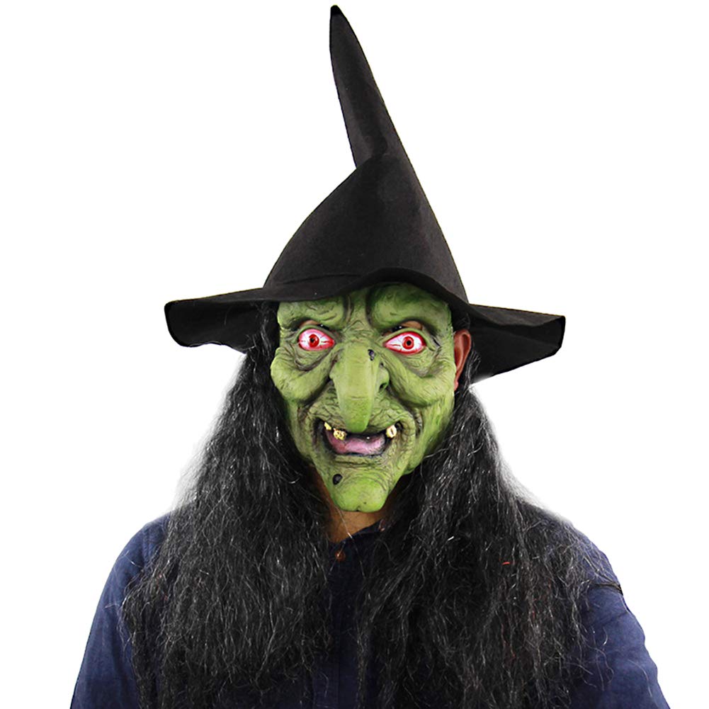Qchomee Horror Costume Mask with Hair for Adults, Green Witch Mask, Full Head Latex Mask for Theme Parties, Carnivals, Halloween, Rave Party, Masquerade, etc.