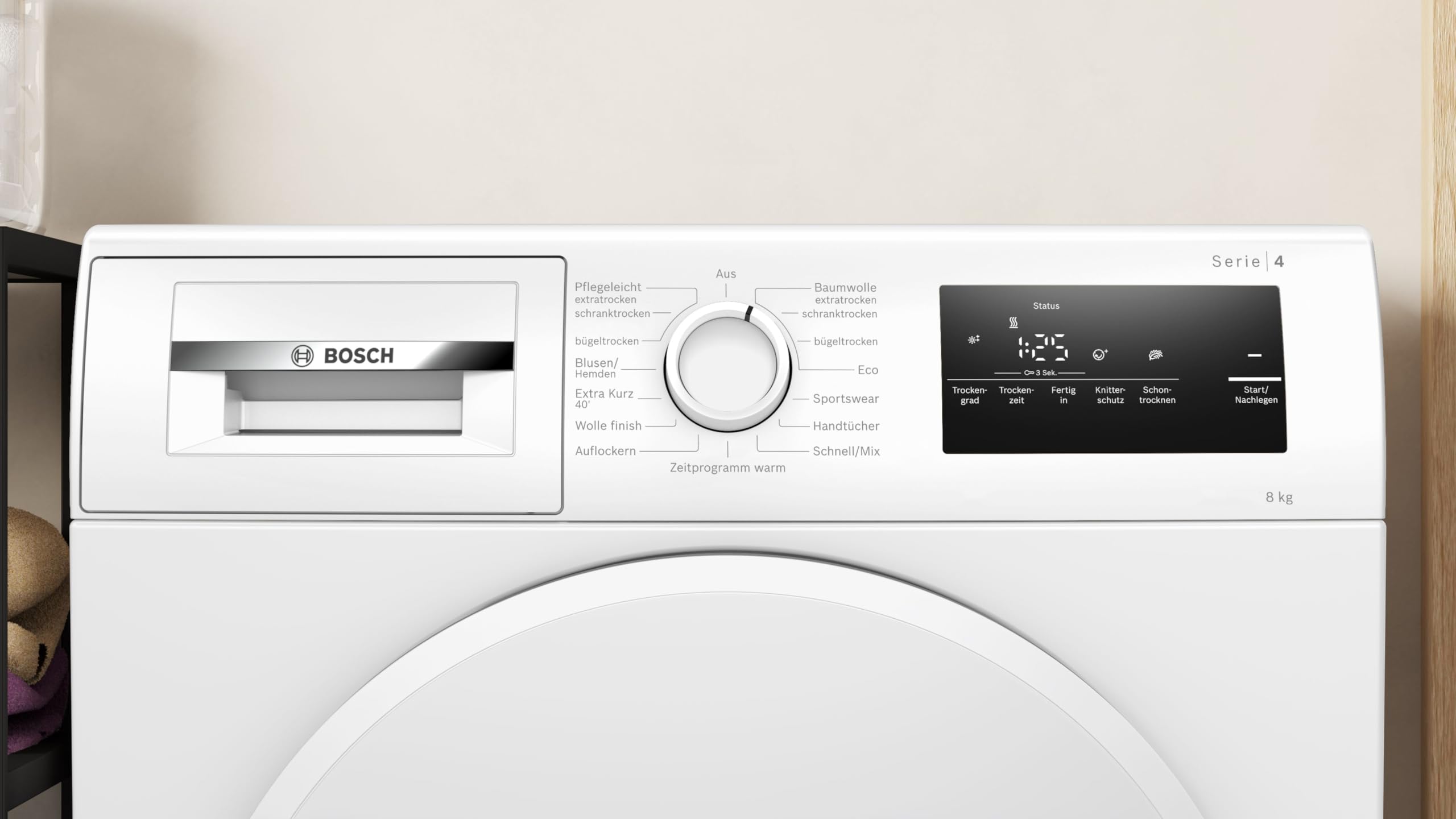 Bosch WTH83VV4, Serie 4, Wärmepumpentrockner, 8 kg, AutoDry, Quick-40-Trocknen, Nachlegefunktion, Sensitive-Drying-System, Anti Vibration Design, 63 dB, LED-Display, Touch-Control, Zeitvorwahl 7