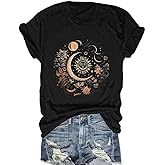 Women Mystical Moon and Sun Flower Shirt Vintage Wildflower T Shirts Boho Graphic Tees Short Sleeve Celestial Moon Tops