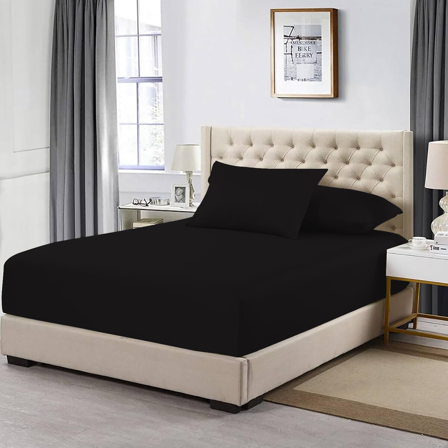 MistyMorning Extra Deep Fitted Sheet 16''/40cm, Egyptian Cotton bed sheets with 200 Thread Count, Soft & Premium quality Bedding & Linen (Black, Super King)